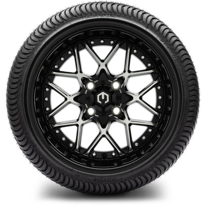 MODZ® 14" Formula Machined Black Wheels & Street Tires Combo (Odyssey Tesseract Steel Belted Radial 215/50-14)