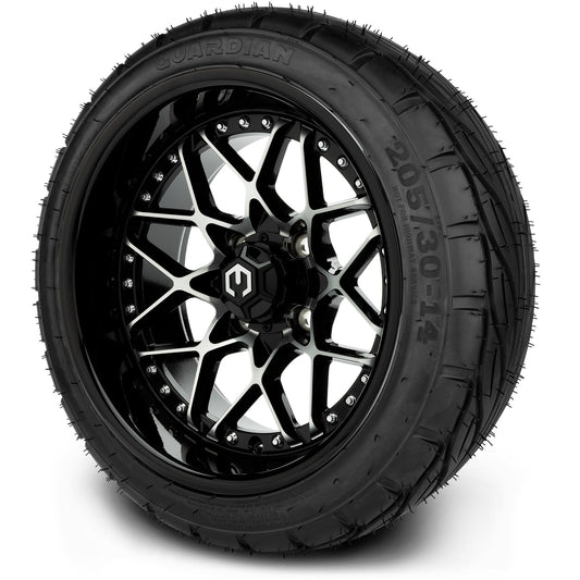 MODZ® 14" Formula Machined Black Wheels & Street Tires Combo (MODZ Guardian 205/30-14)