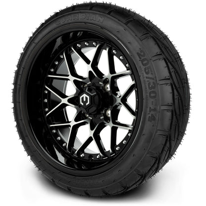 MODZ® 14" Formula Machined Black Wheels & Street Tires Combo (Odyssey Tesseract Steel Belted Radial 215/35-14)