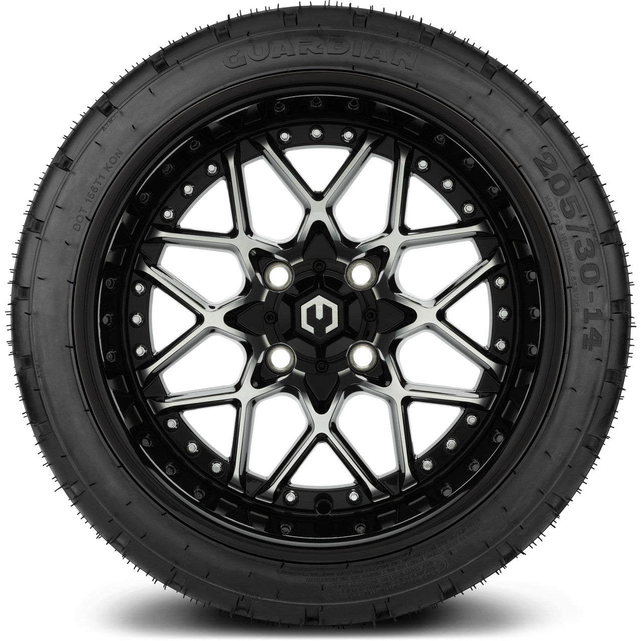 MODZ® 14" Formula Machined Black Wheels & Street Tires Combo (Odyssey Tesseract Steel Belted Radial 215/35-14)