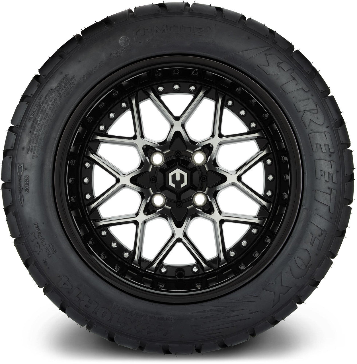 MODZ® 14" Formula Machined Black Wheels & Street Tires Combo (MODZ Street Fox Radial 205/40-14)