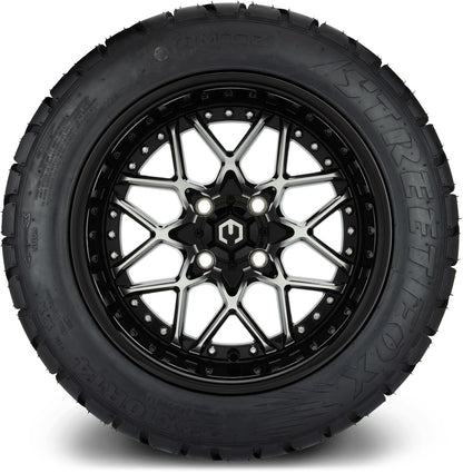 MODZ® 14" Formula Machined Black Wheels & Street Tires Combo (Odyssey Tesseract Steel Belted Radial 215/50-14)