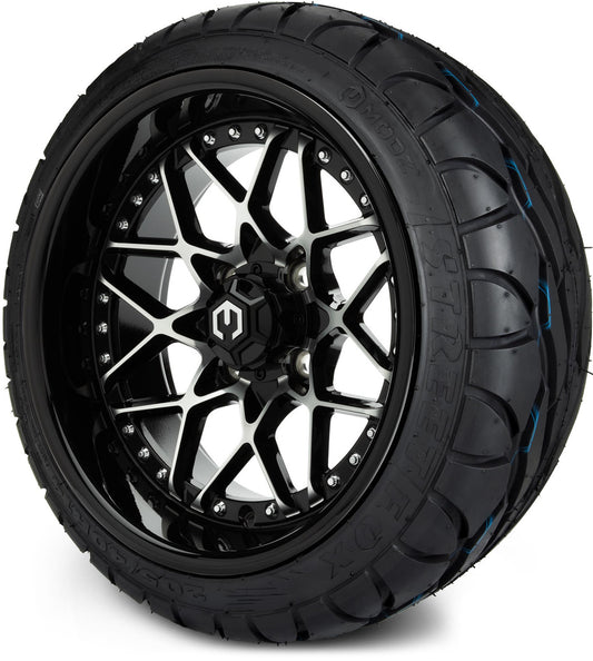 MODZ® 14" Formula Machined Black Wheels & Street Tires Combo (MODZ Street Fox Radial 205/40-14)
