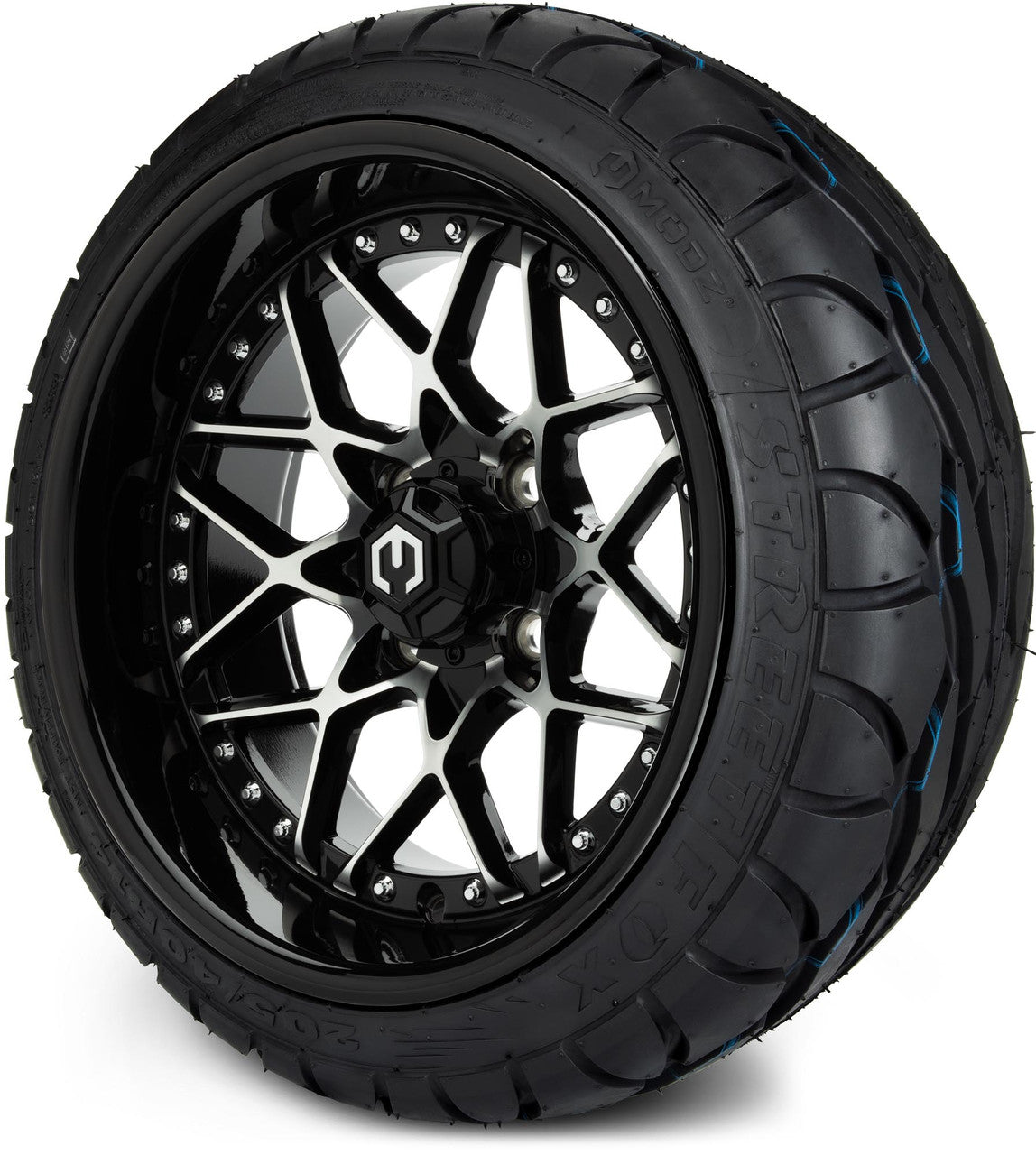 MODZ® 14" Formula Machined Black Wheels & Street Tires Combo (MODZ Street Fox Radial 23x10-14)