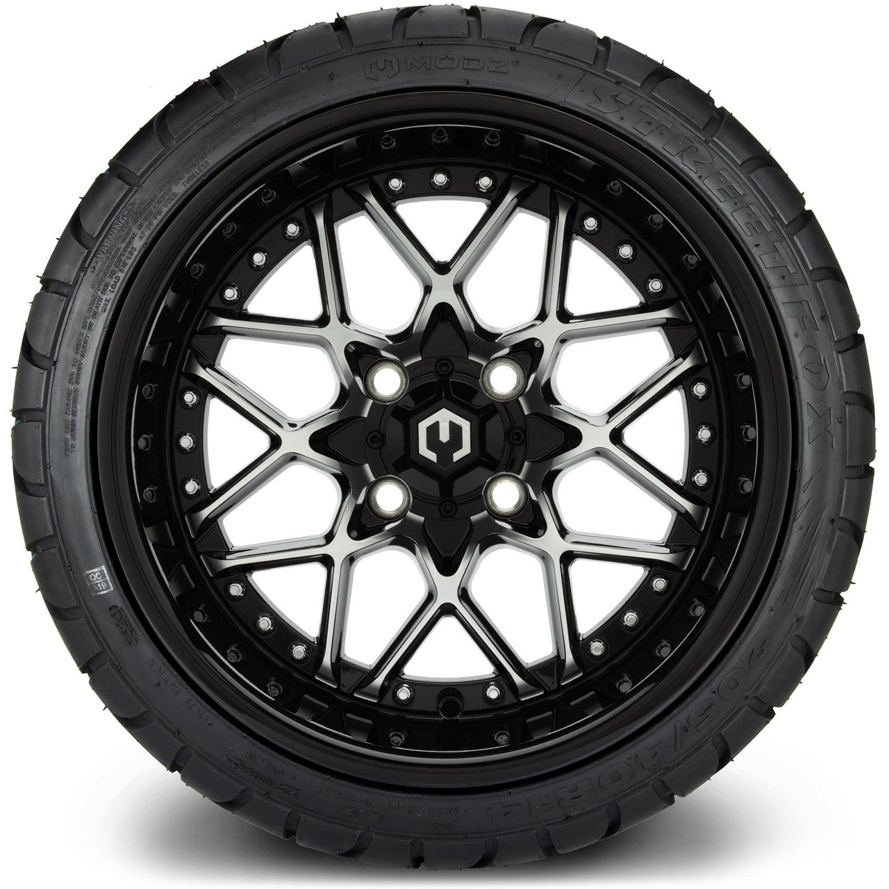 MODZ® 14" Formula Machined Black Wheels & Street Tires Combo (MODZ Street Fox Radial 23x10-14)