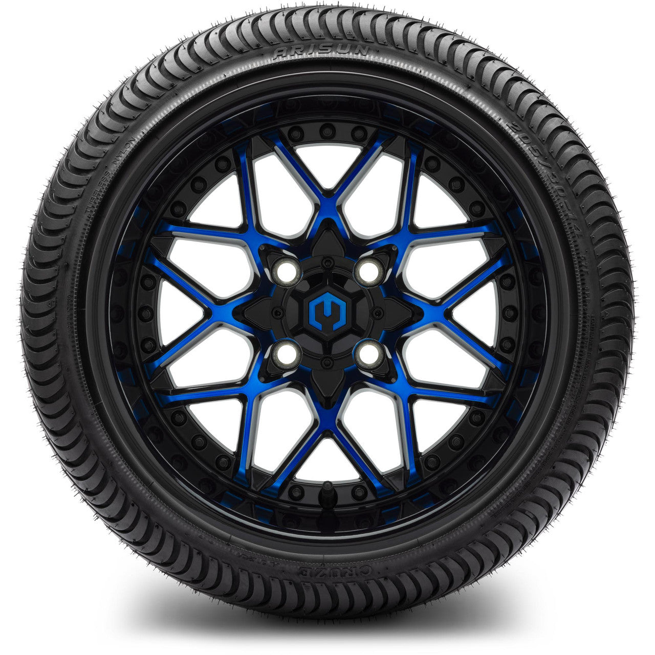 MODZ® 14" Formula Blue and Black Wheels & Street Tires Combo (Odyssey Tesseract Steel Belted Radial 215/50-14)