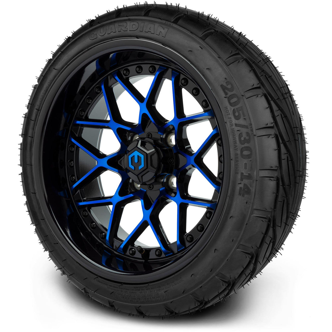 MODZ® 14" Formula Blue and Black Wheels & Street Tires Combo (Odyssey Tesseract Steel Belted Radial 215/35-14)