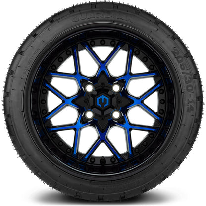 MODZ® 14" Formula Blue and Black Wheels & Street Tires Combo (Odyssey Tesseract Steel Belted Radial 215/35-14)