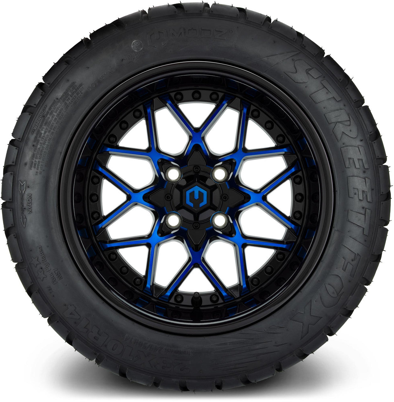 MODZ® 14" Formula Blue and Black Wheels & Street Tires Combo (Odyssey Tesseract Steel Belted Radial 215/35-14)