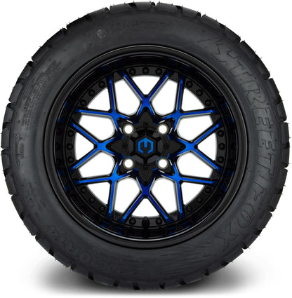 MODZ® 14" Formula Blue and Black Wheels & Street Tires Combo (Odyssey Tesseract Steel Belted Radial 215/50-14)