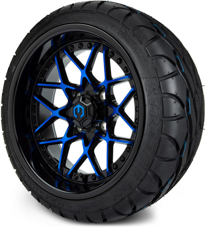 MODZ® 14" Formula Blue and Black Wheels & Street Tires Combo (Odyssey Tesseract Steel Belted Radial 215/50-14)