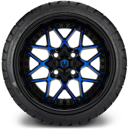 MODZ® 14" Formula Blue and Black Wheels & Street Tires Combo (Odyssey Tesseract Steel Belted Radial 215/50-14)
