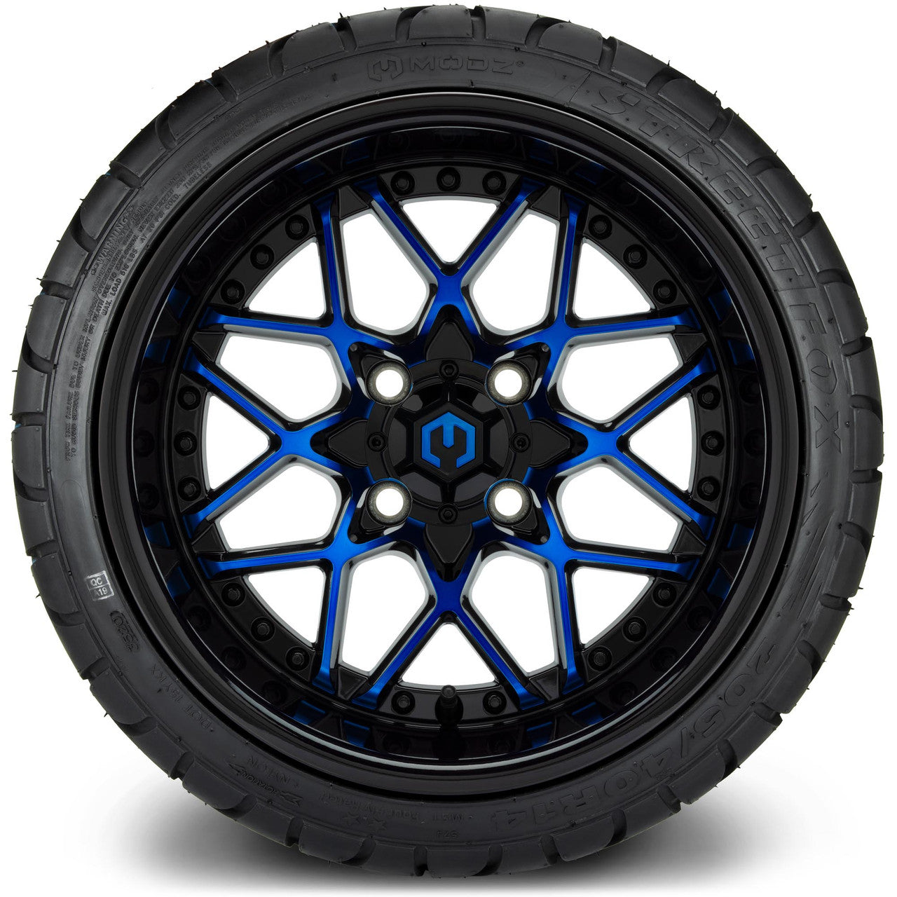 MODZ® 14" Formula Blue and Black Wheels & Street Tires Combo (Odyssey Tesseract Steel Belted Radial 215/35-14)