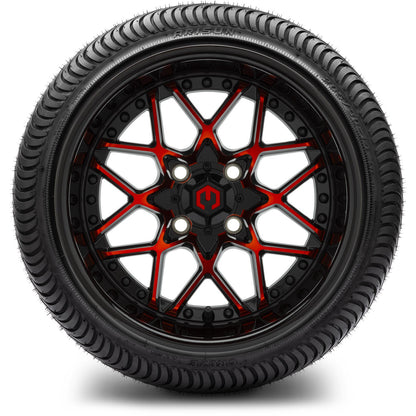 MODZ® 14" Formula Red and Black Wheels & Street Tires Combo (Odyssey Tesseract Steel Belted Radial 215/35-14)