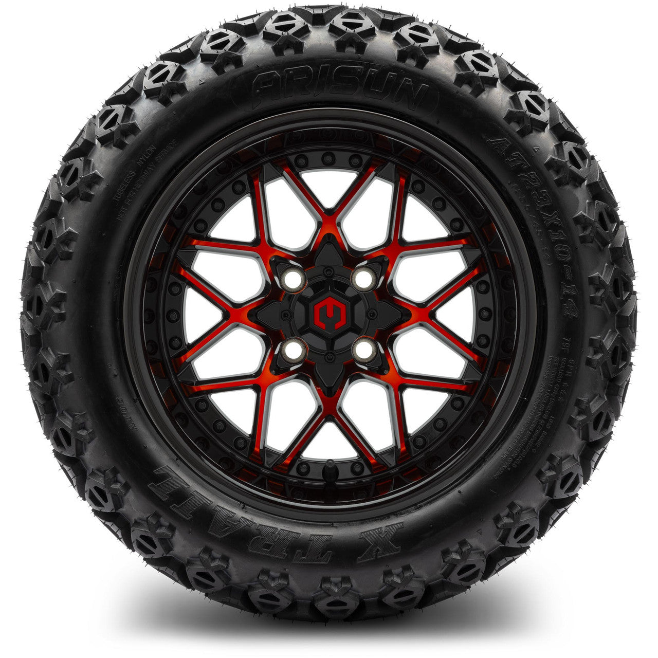 MODZ® 14" Formula Red and Black Wheels & Off-Road Tires Combo (Arisun X-Trail All-Terrain 23x10-14)