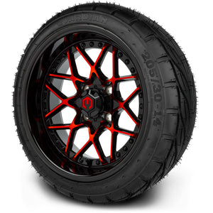 MODZ® 14" Formula Red and Black Wheels & Street Tires Combo (MODZ Guardian 205/30-14)