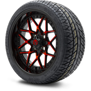 MODZ® 14" Formula Red and Black Wheels & Street Tires Combo (Odyssey Tesseract Steel Belted Radial 215/35-14)