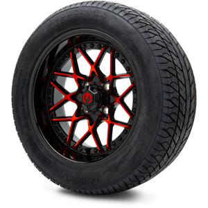 MODZ® 14" Formula Red and Black Wheels & Street Tires Combo (Odyssey Tesseract Steel Belted Radial 215/50-14)