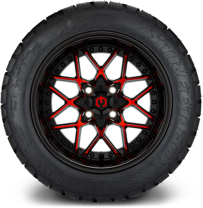 MODZ® 14" Formula Red and Black Wheels & Street Tires Combo (Odyssey Tesseract Steel Belted Radial 215/50-14)