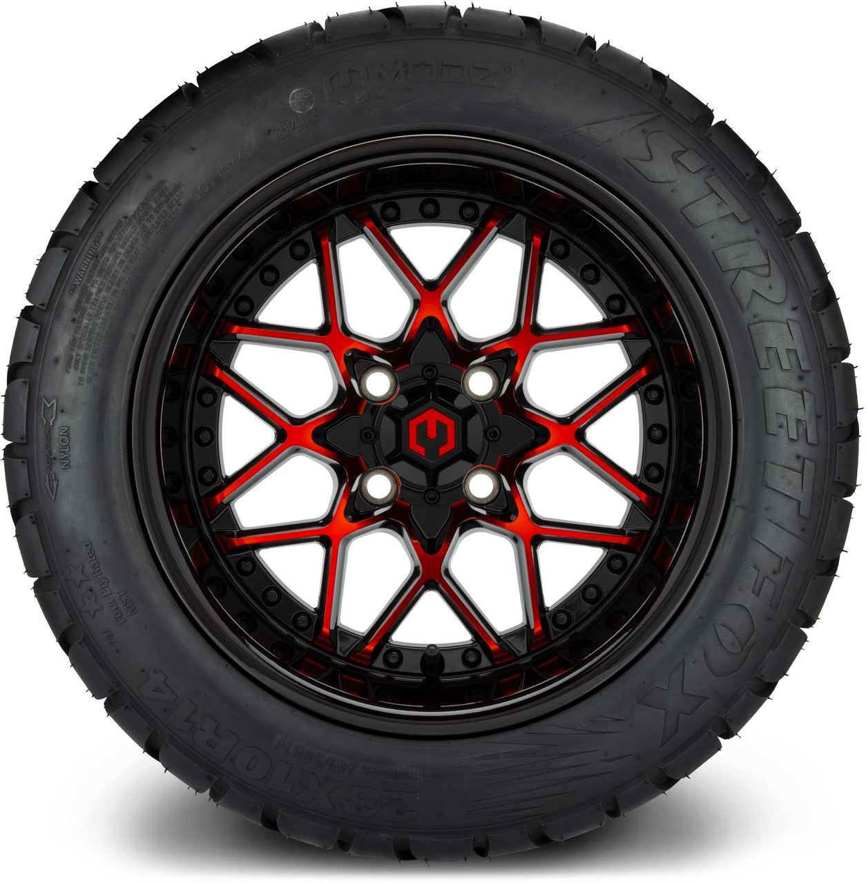 MODZ® 14" Formula Red and Black Wheels & Street Tires Combo (MODZ Street Fox Radial 205/40-14)