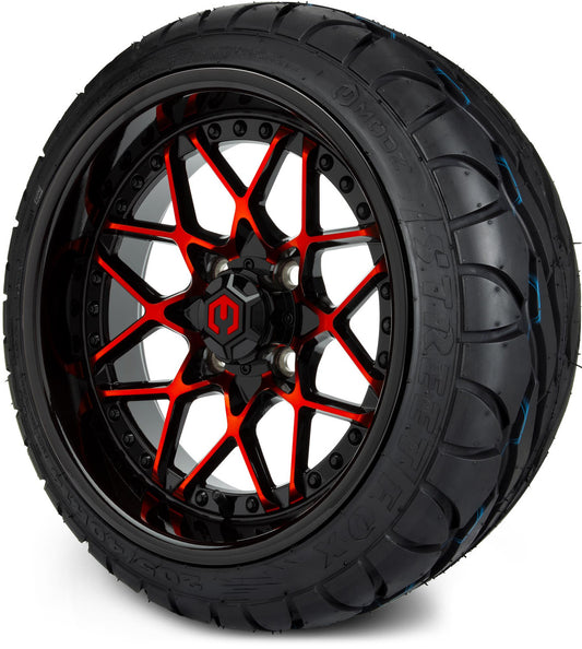 MODZ® 14" Formula Red and Black Wheels & Street Tires Combo (MODZ Street Fox Radial 205/40-14)