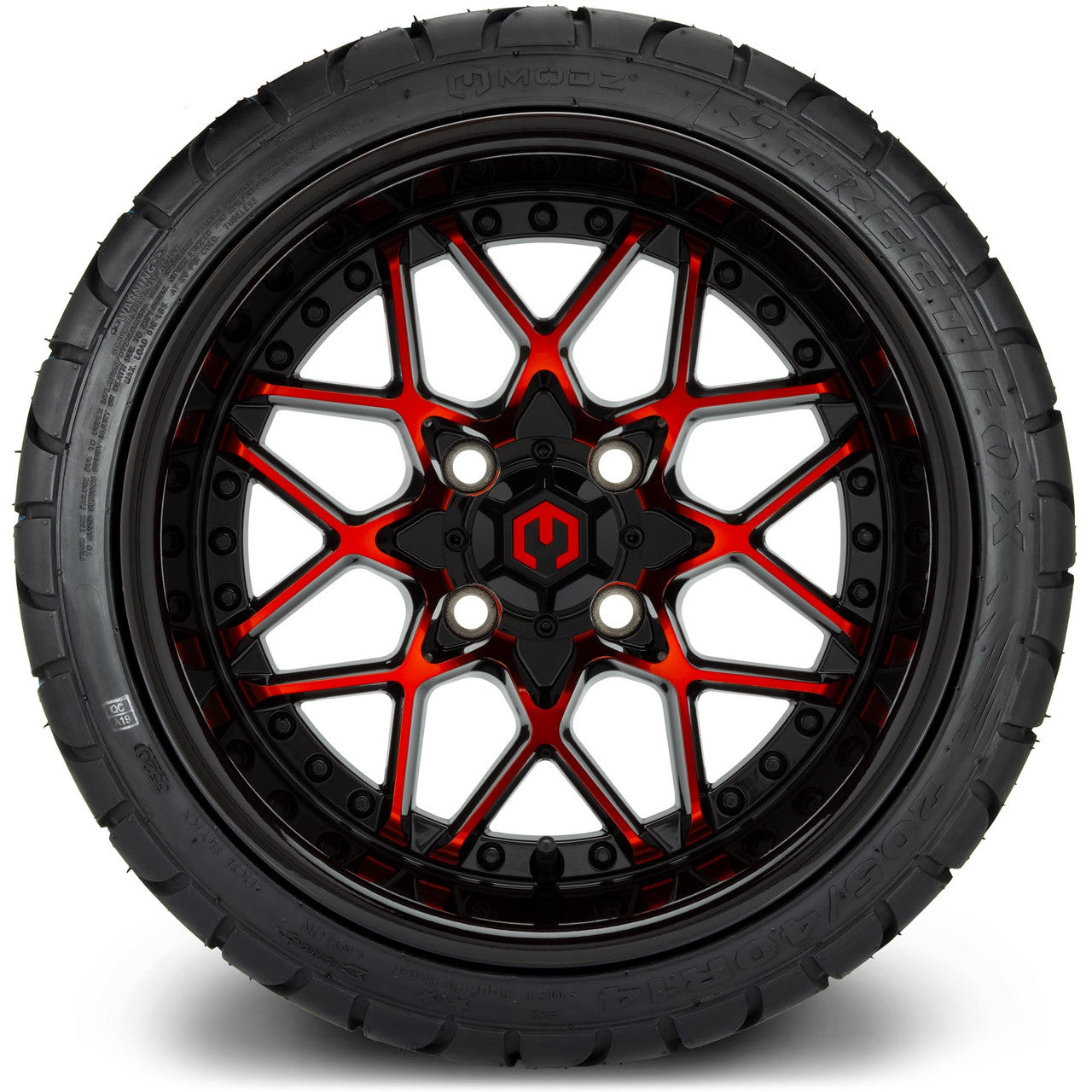 MODZ® 14" Formula Red and Black Wheels & Street Tires Combo (Odyssey Tesseract Steel Belted Radial 215/50-14)