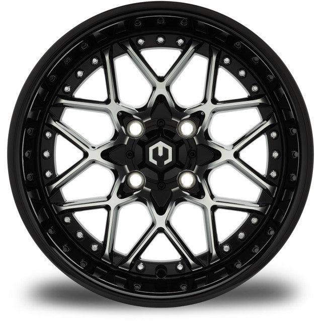 MODZ® 14" Formula Machined Black Wheels & Street Tires Combo (Odyssey Tesseract Steel Belted Radial 215/50-14)