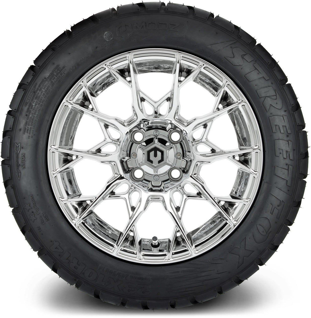 MODZ® 14" Chaos Chrome Wheels & Street Tires Combo (Odyssey Tesseract Steel Belted Radial 215/35-14)
