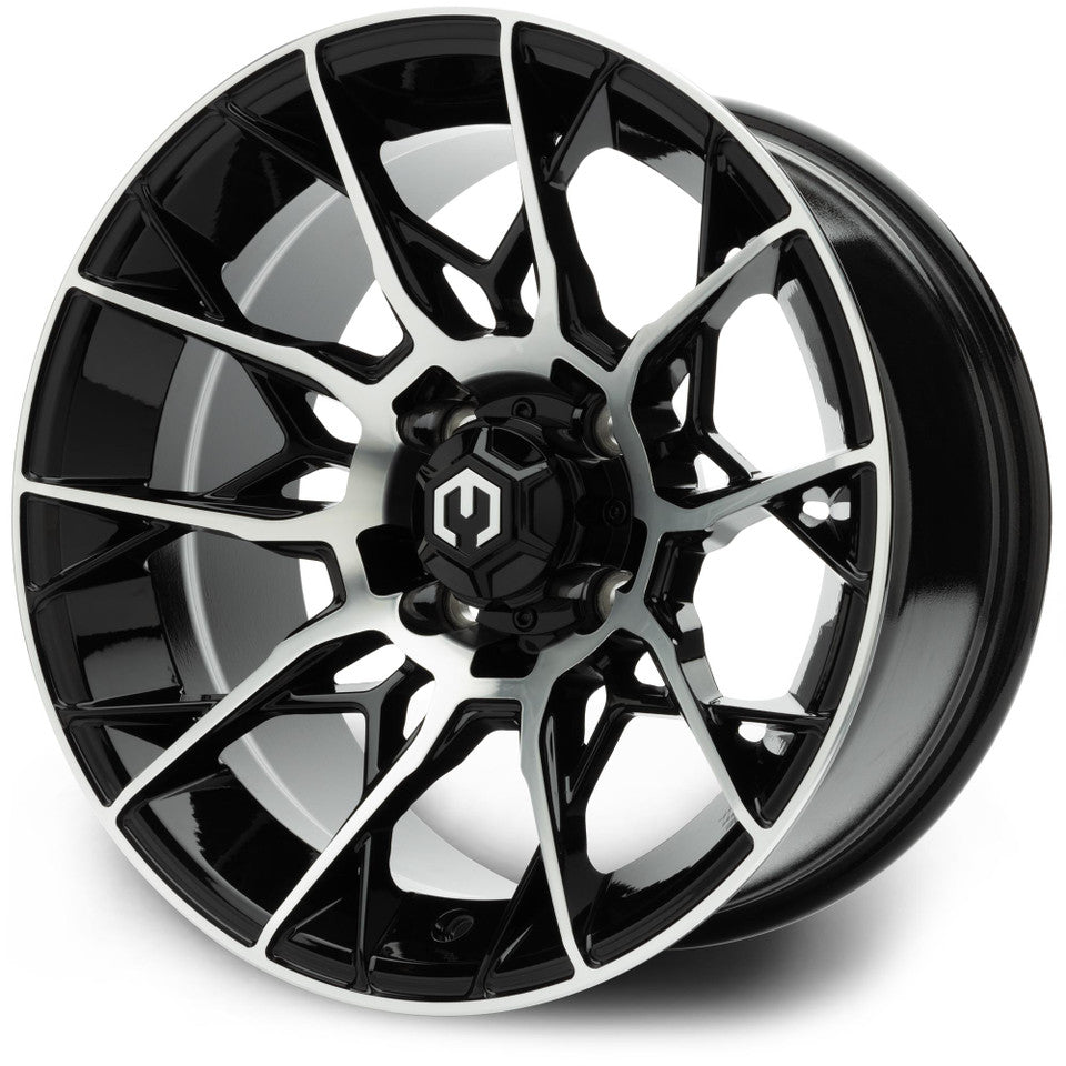 MODZ® 14" Chaos Machined Black Wheels & Street Tires Combo (Odyssey Tesseract Steel Belted Radial 215/50-14)