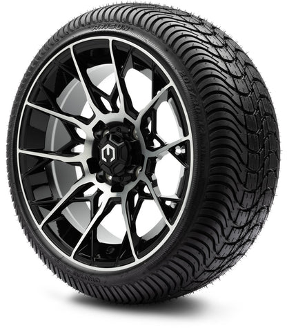 MODZ® 14" Chaos Machined Black Wheels & Street Tires Combo (Odyssey Tesseract Steel Belted Radial 215/50-14)