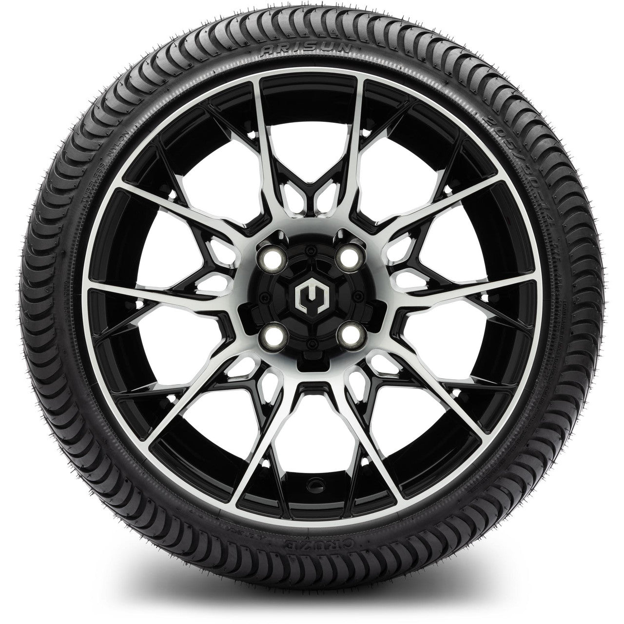 MODZ® 14" Chaos Machined Black Wheels & Street Tires Combo (Odyssey Tesseract Steel Belted Radial 215/35-14)