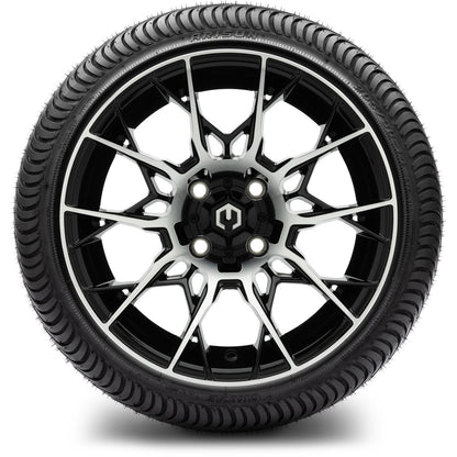 MODZ® 14" Chaos Machined Black Wheels & Street Tires Combo (Odyssey Tesseract Steel Belted Radial 215/35-14)