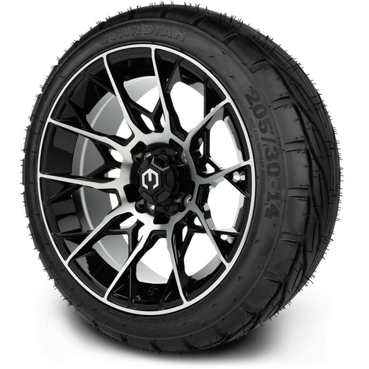 MODZ® 14" Chaos Machined Black Wheels & Street Tires Combo (MODZ Guardian 205/30-14)