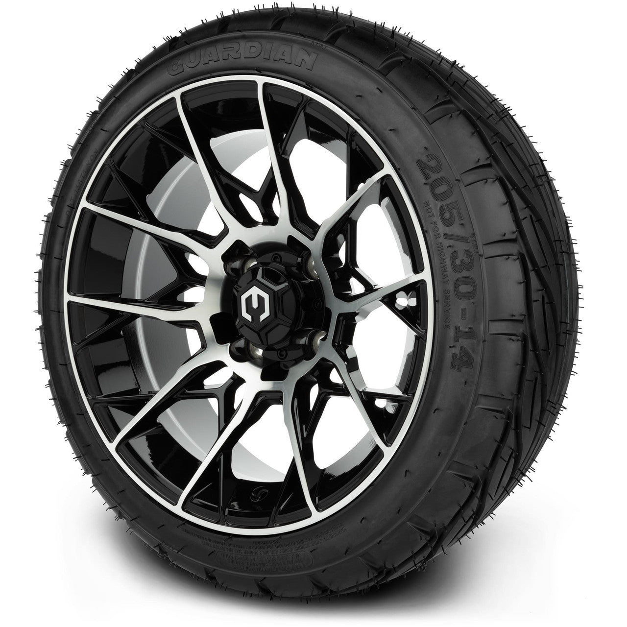 MODZ® 14" Chaos Machined Black Wheels & Street Tires Combo (Odyssey Tesseract Steel Belted Radial 215/35-14)