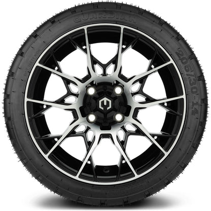 MODZ® 14" Chaos Machined Black Wheels & Street Tires Combo (Odyssey Tesseract Steel Belted Radial 215/50-14)