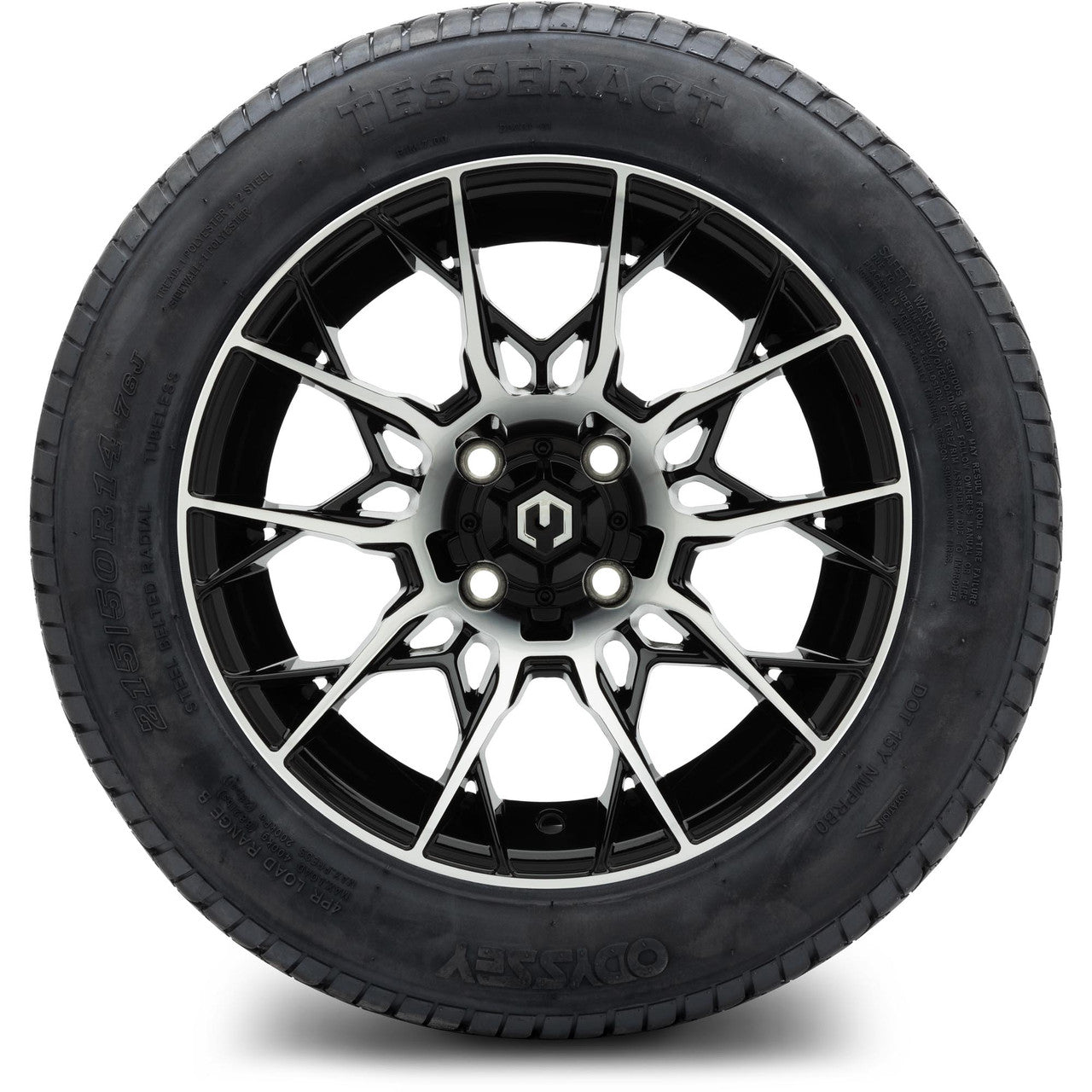 MODZ® 14" Chaos Machined Black Wheels & Street Tires Combo (Odyssey Tesseract Steel Belted Radial 215/35-14)
