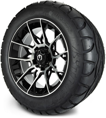 MODZ® 14" Chaos Machined Black Wheels & Street Tires Combo (Arisun Cruze 205/30-14)