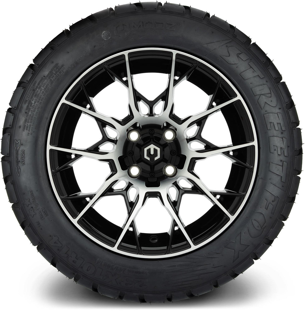 MODZ® 14" Chaos Machined Black Wheels & Street Tires Combo (Odyssey Tesseract Steel Belted Radial 215/35-14)
