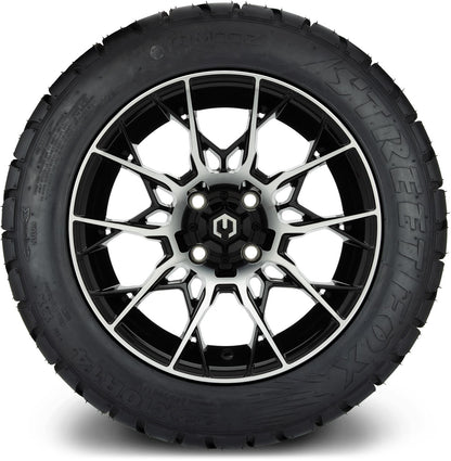 MODZ® 14" Chaos Machined Black Wheels & Street Tires Combo (Odyssey Tesseract Steel Belted Radial 215/35-14)