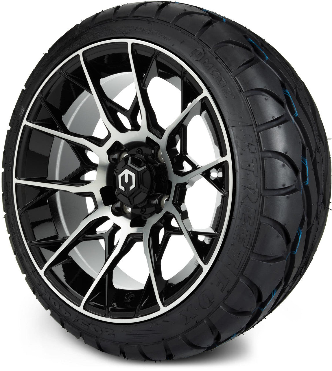 MODZ® 14" Chaos Machined Black Wheels & Street Tires Combo (Odyssey Tesseract Steel Belted Radial 215/35-14)
