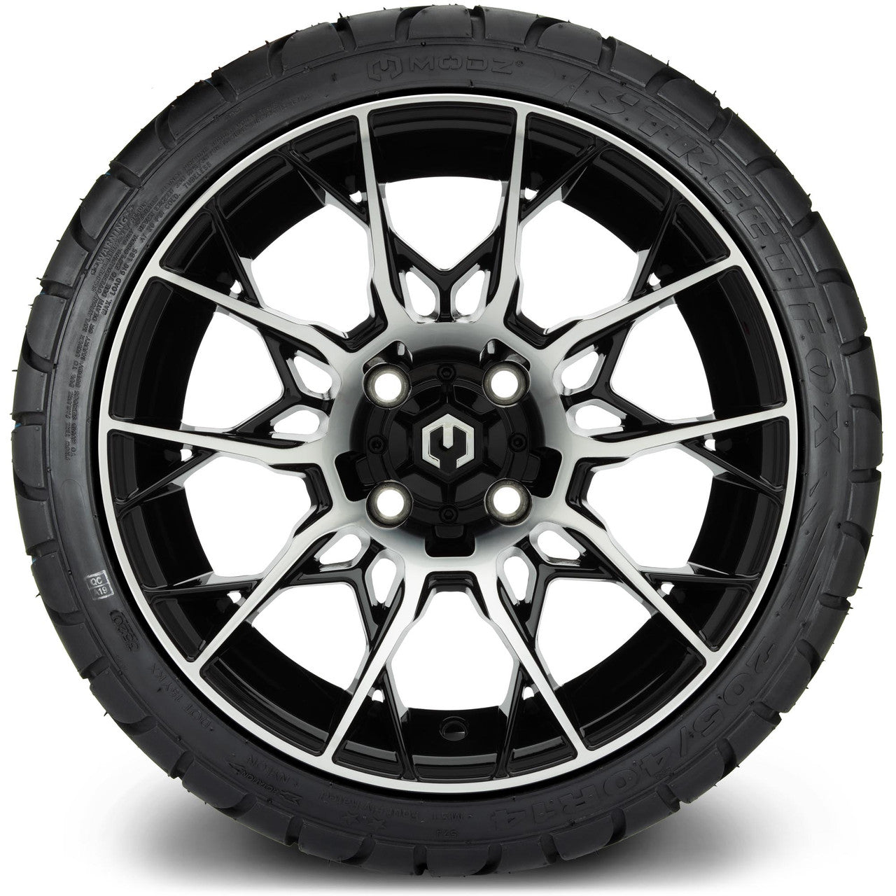 MODZ® 14" Chaos Machined Black Wheels & Street Tires Combo (Odyssey Tesseract Steel Belted Radial 215/35-14)