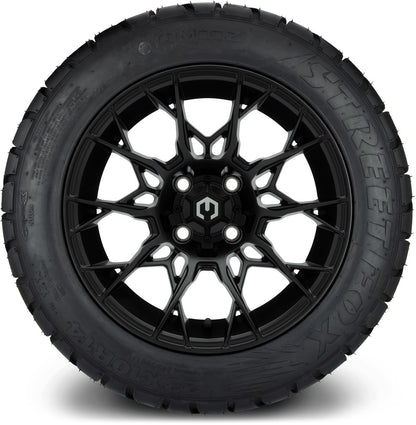 MODZ® 14" Chaos Matte Black Wheels & Street Tires Combo (Odyssey Tesseract Steel Belted Radial 215/35-14)