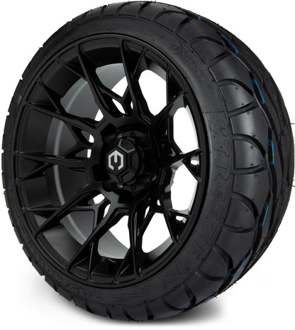 MODZ® 14" Chaos Matte Black Wheels & Street Tires Combo (Odyssey Tesseract Steel Belted Radial 215/35-14)