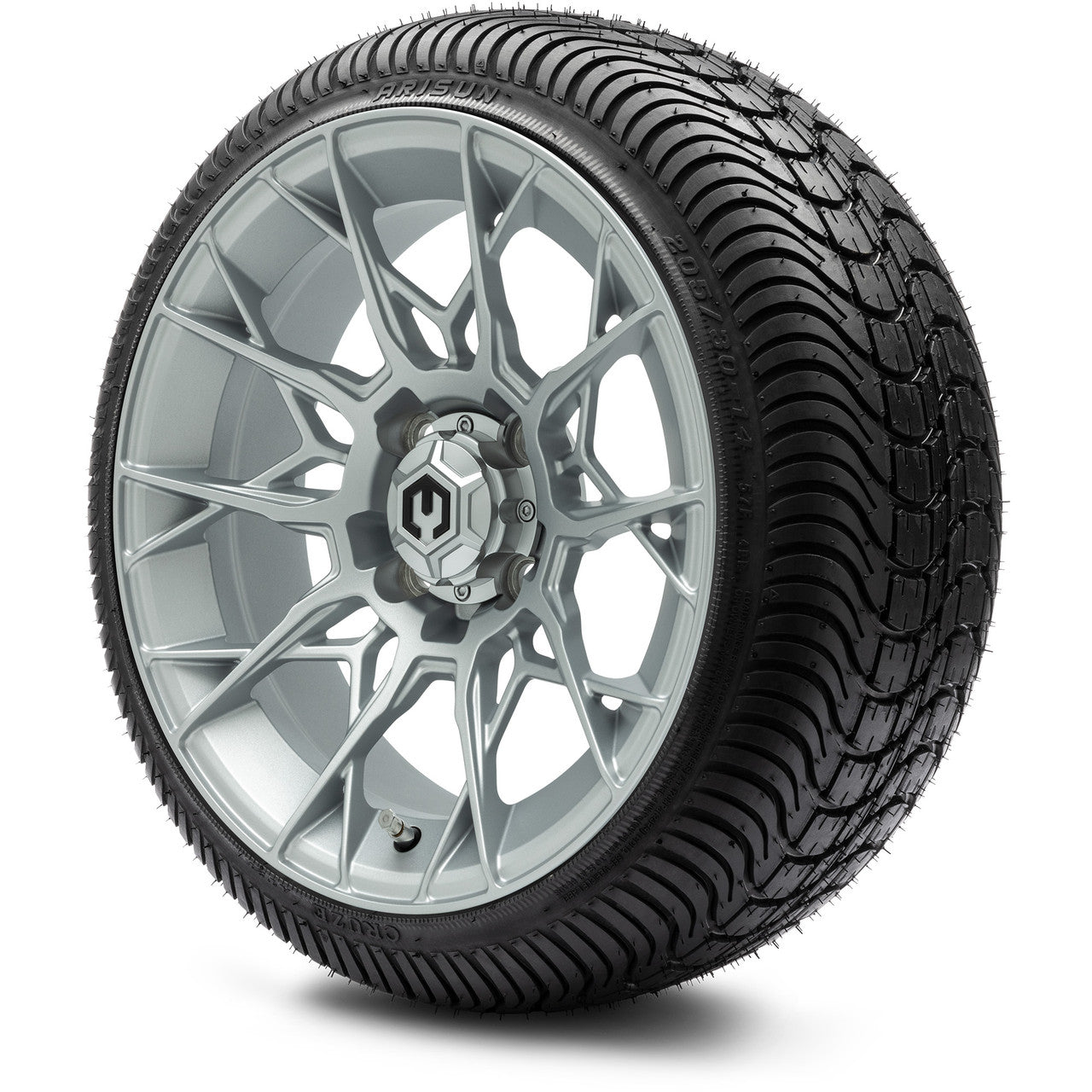MODZ® 14" Chaos Silver Wheels & Street Tires Combo (Odyssey Tesseract Steel Belted Radial 215/35-14)