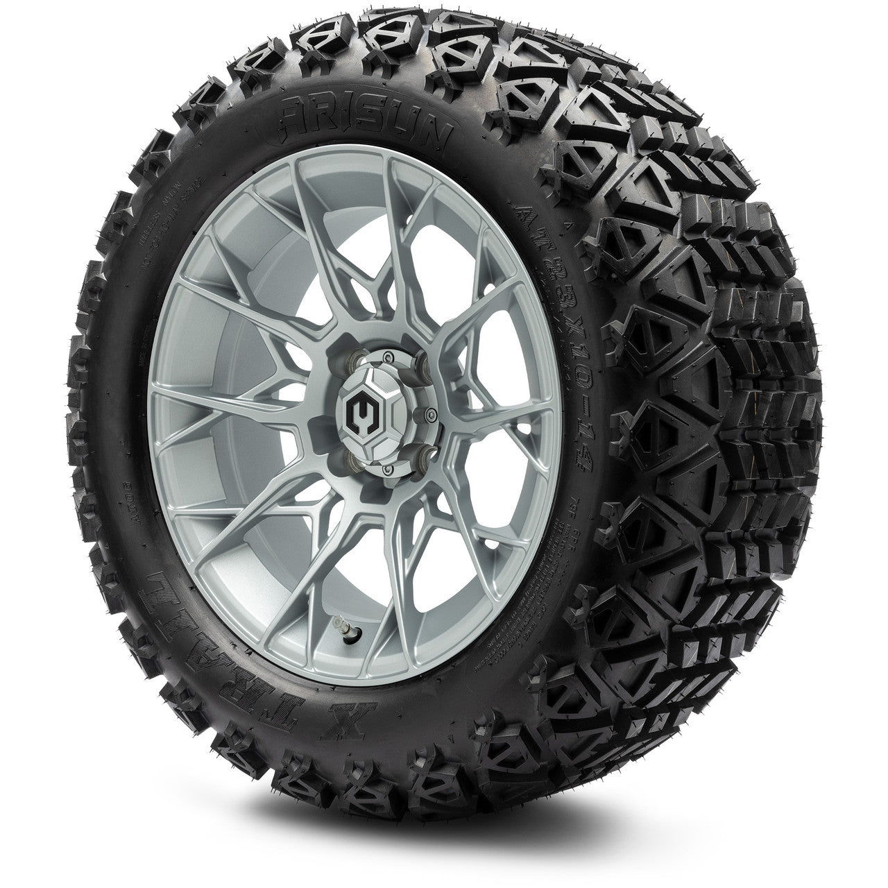 MODZ® 14" Chaos Silver Wheels & Off-Road Tires Combo (Arisun X-Armory All-Terrain 23x10-14 Radial)