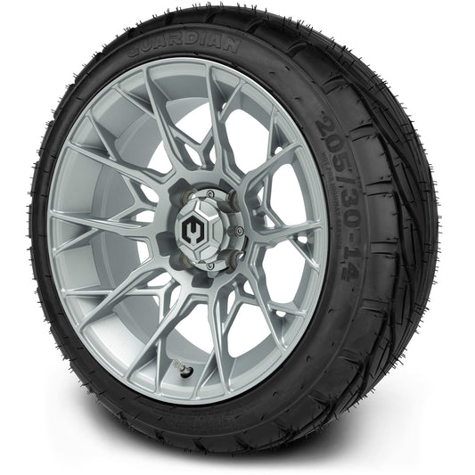 MODZ® 14" Chaos Silver Wheels & Street Tires Combo (MODZ Guardian 205/30-14)