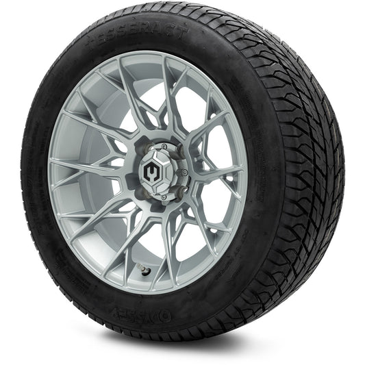 MODZ® 14" Chaos Silver Wheels & Street Tires Combo (Odyssey Tesseract Steel Belted Radial 215/50-14)