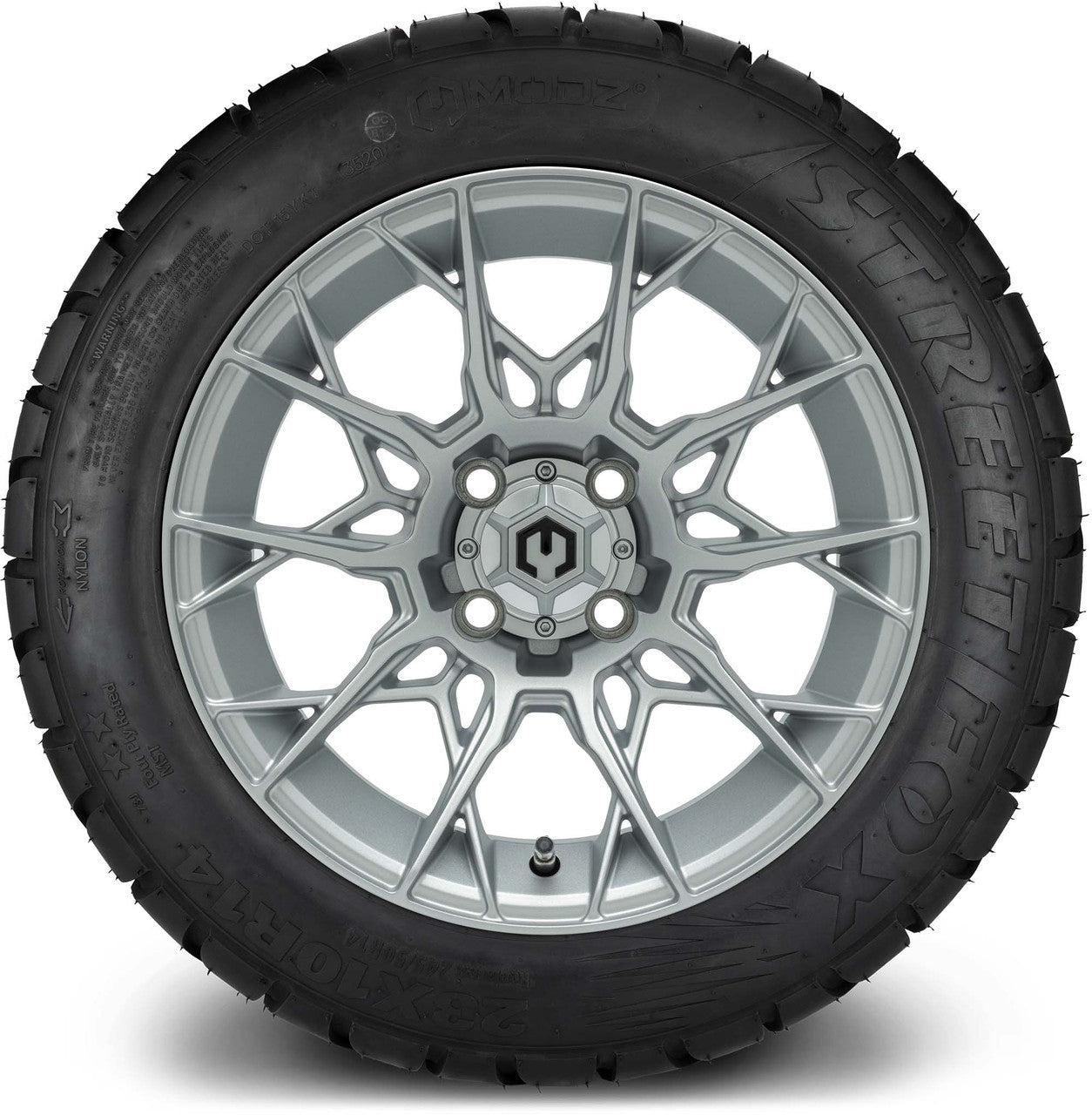 MODZ® 14" Chaos Silver Wheels & Street Tires Combo (Odyssey Tesseract Steel Belted Radial 215/35-14)