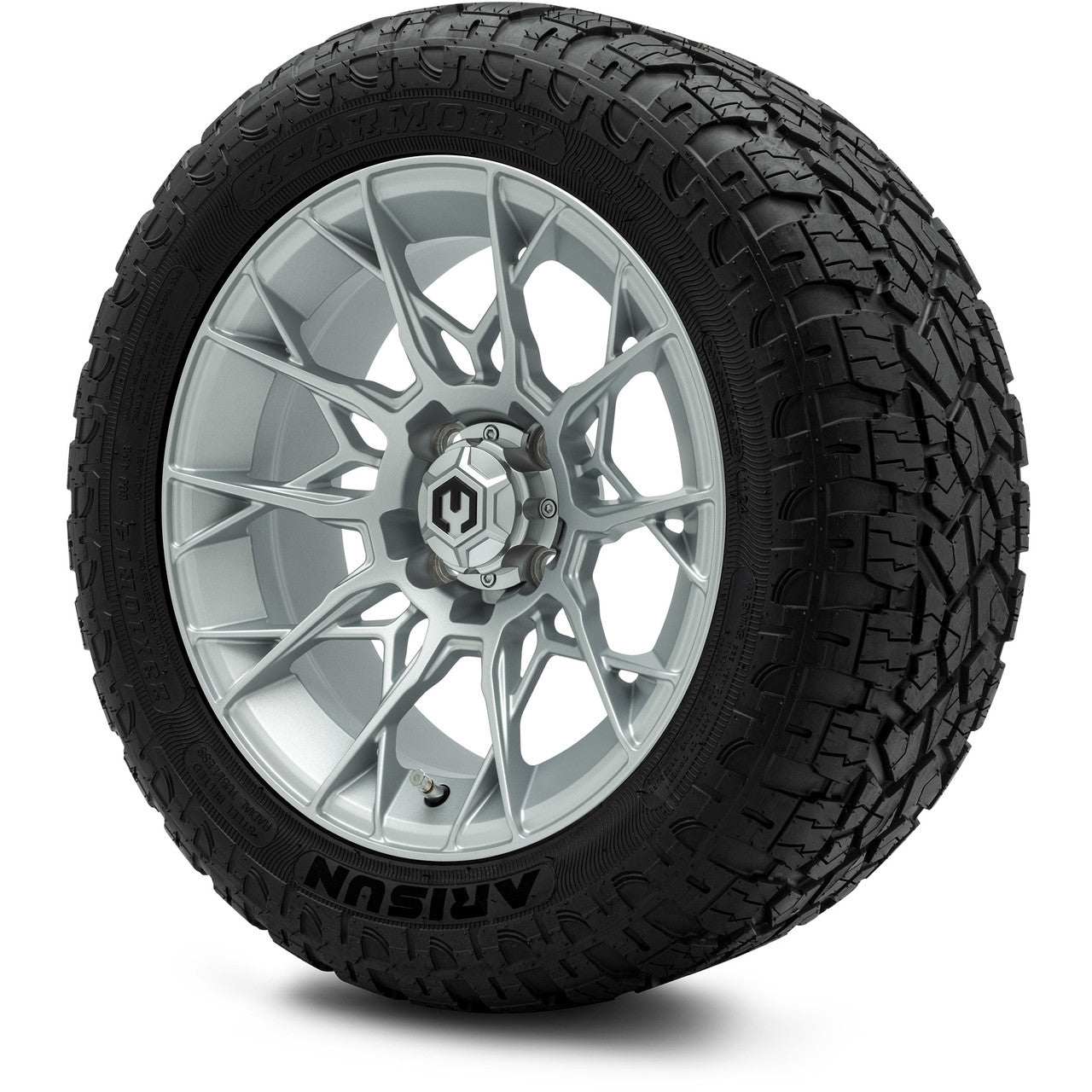 MODZ® 14" Chaos Silver Wheels & Off-Road Tires Combo (Arisun X-Trail All-Terrain 23x10-14)