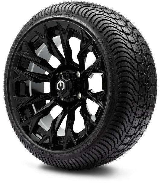 MODZ® 14" Falcon Glossy Black Wheels & Street Tires Combo (Arisun Cruze 205/30-14)